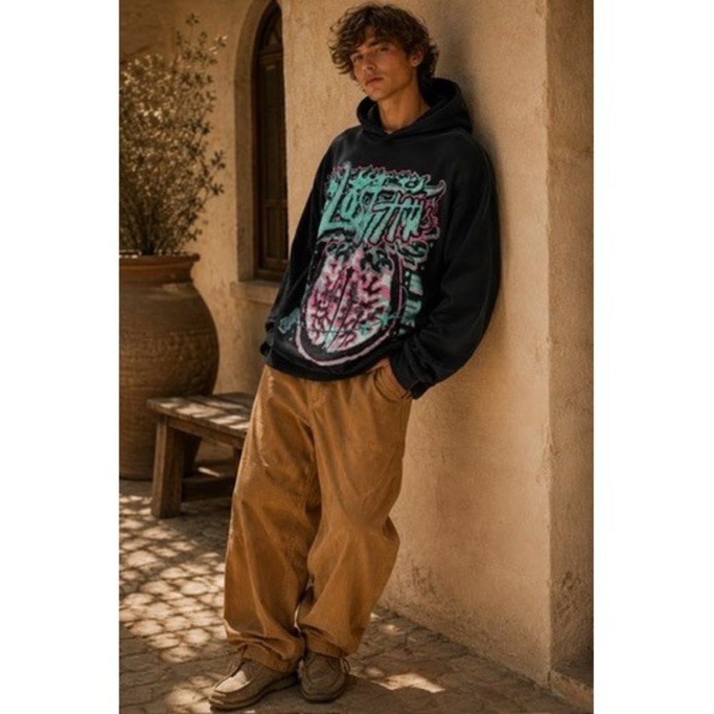 Lost Hills Mens Graphic Hoodie Black Cotton Made in USA Pullover Sweatshirt L